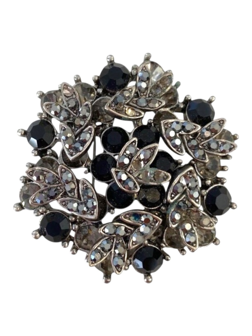 Vintage Black Clear Rhinestone Cluster Brooch Silver Tone Starburst Pin Deco